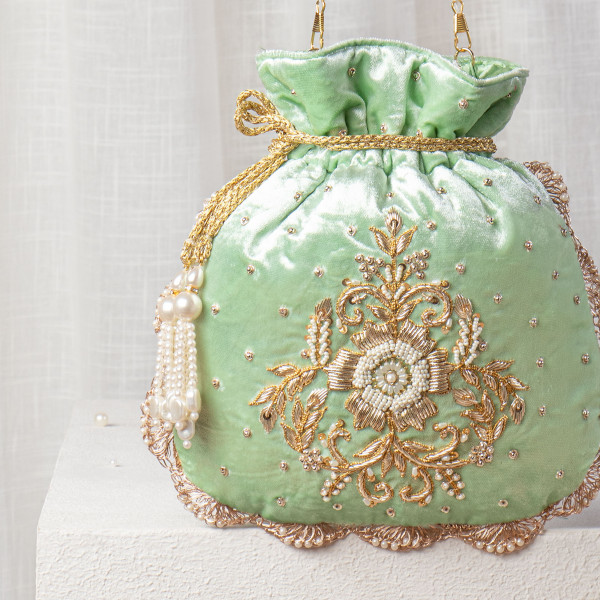 Mint Green Velvet Potli Bag | Hand-Embroidered Pearl & Zardosi Bridal Batwa