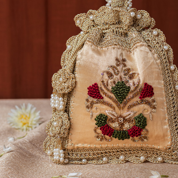 Golden Crochet FLoral Embroidered Potli Bag