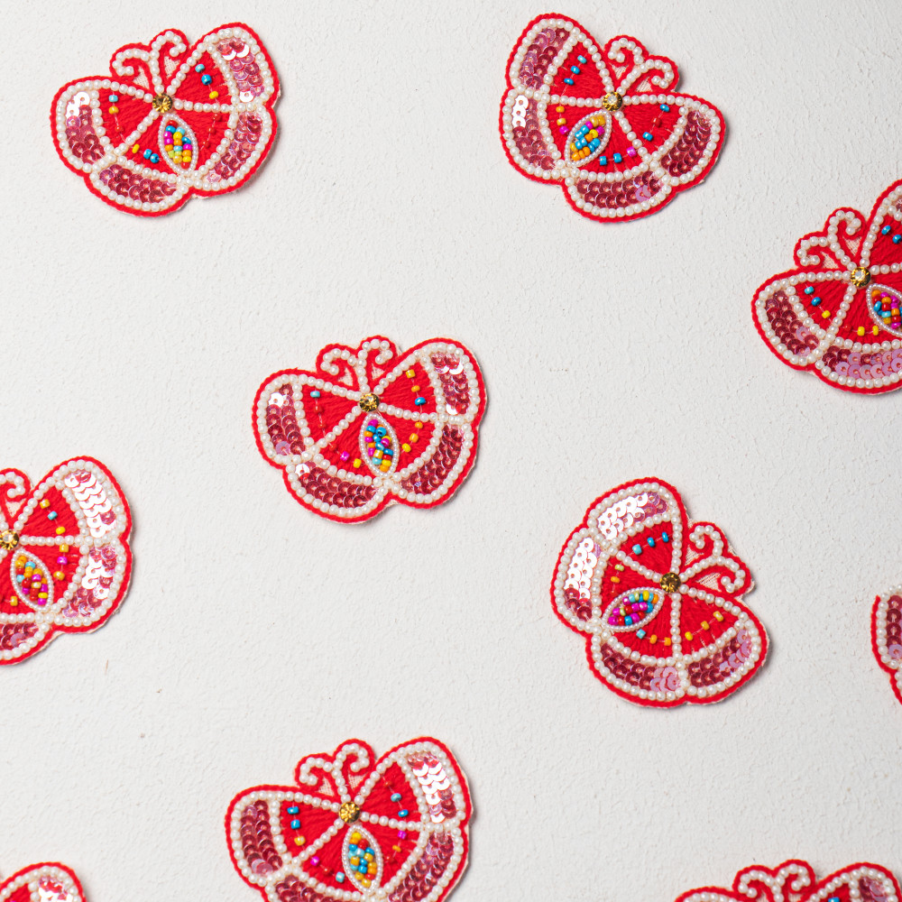 Image of Handcrafted Red Butterfly Embroidery Patch with Premium Threadwork, Beads &amp; Sequins – Designer DIY Craft Motif for Clothing, Kidswear, Fashion Accessories &amp; Creative Customization