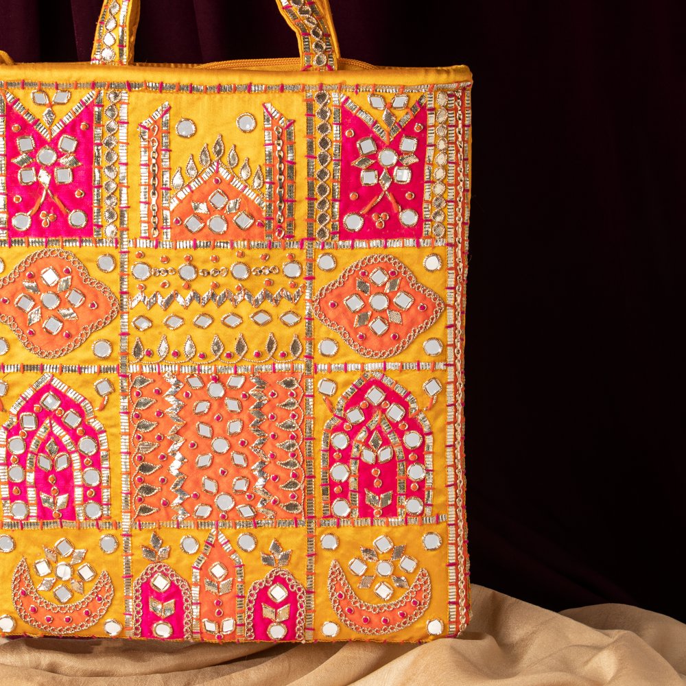 Image of YELLOW MULTI MIRROR WORK BIG SIZE BAG PUSE WITH HANDLE