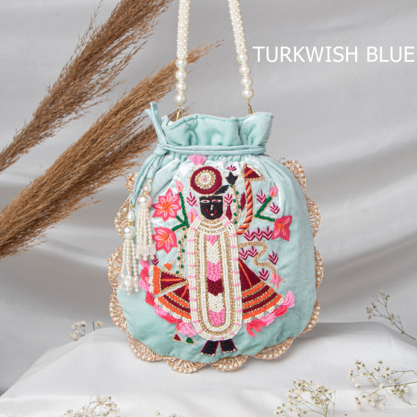 Premium Shrinath Ji Hand-Embroidered Velvet Potli Bag