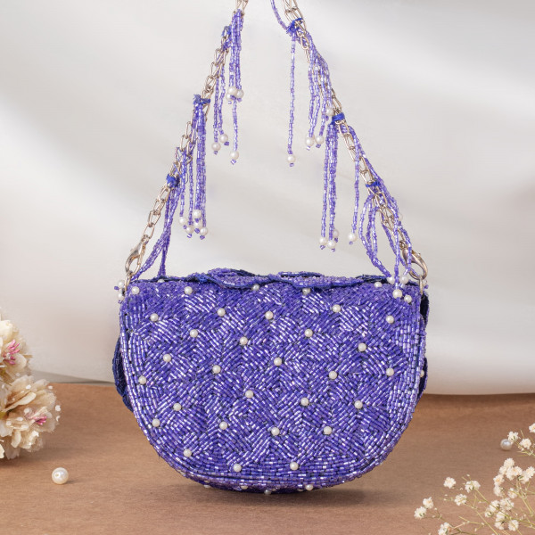Purple Handcrafted 3D Rose Cutdana & Pearl Embellished Clutch Bag