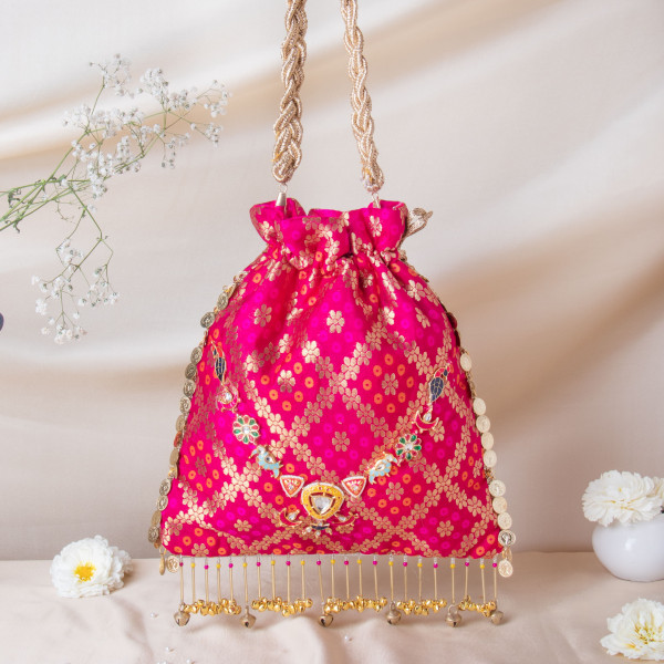 Royal Pink Banarasi Brocade Potli with Kundan-Meenakari Heritage Details