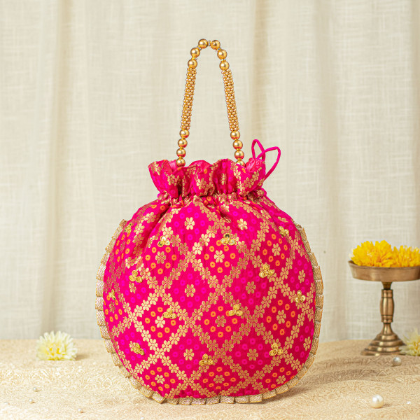 Hot Pink Bandhani Marodi & Sequin Hand Embroidery Potli Bag