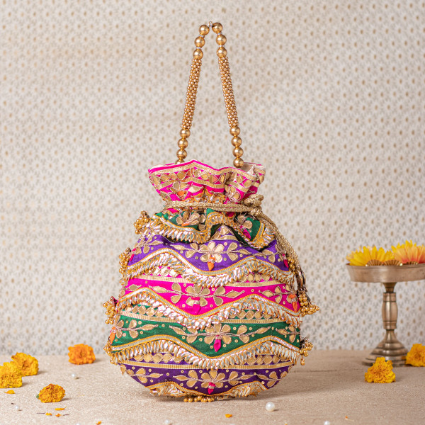Premium Multicolor Gota Patti Potli Bag – Green • Purple • Pink