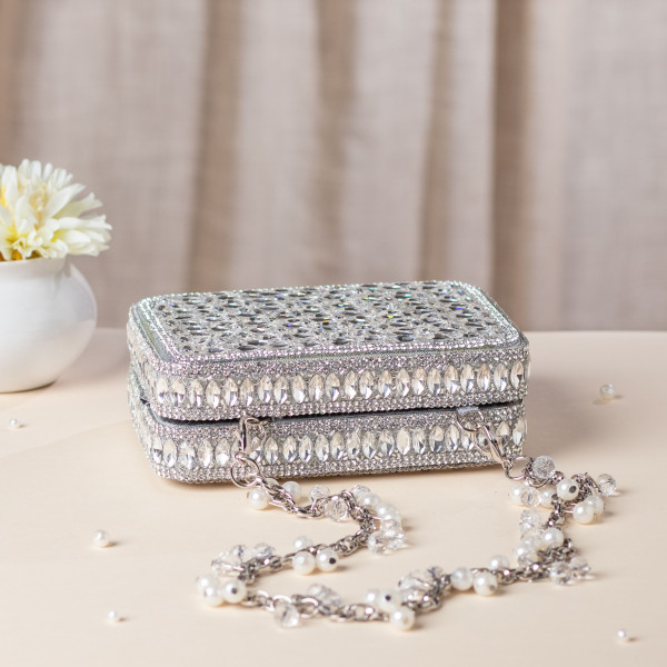 Silver Crystal Embellished Mini Evening Bag with Beaded Chain