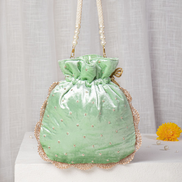 Mint Green Velvet Potli Bag | Hand-Embroidered Pearl & Zardosi Bridal Batwa