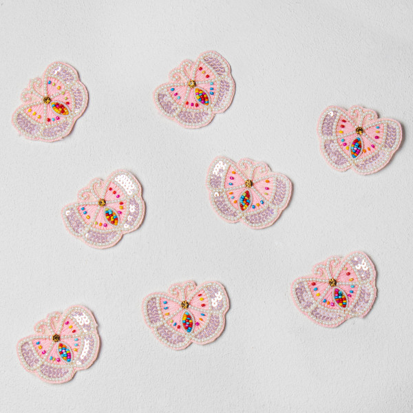 Handcrafted Light Pink Butterfly Embroidery Patch with Premium Threadwork, Beads & Sequins – Designer DIY Craft Motif for Clothing, Kidswear, Accessories & Fashion Customization(11.5 cm x 10 cm)(SET OF 10)