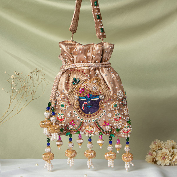 Golden Jewellery Shrinathji Tissue Potli | Regal Hand-Embroidered Wedding Potli