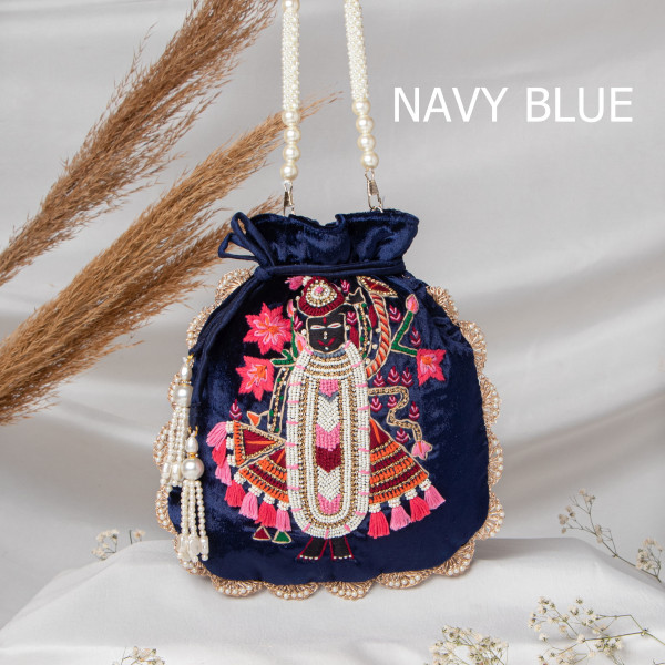 Premium Shrinath Ji Hand-Embroidered Velvet Potli Bag