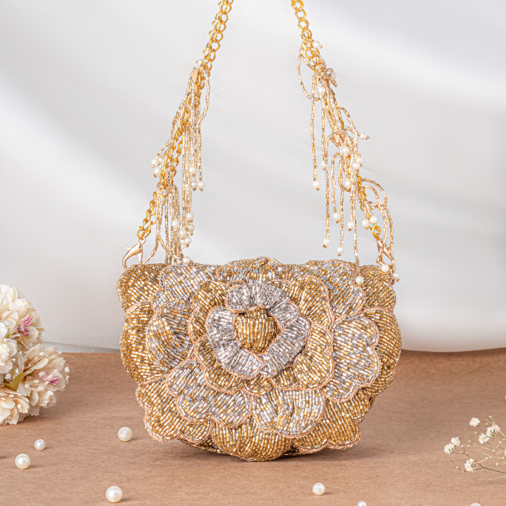 Image of Golden Silver Handcrafted 3D Rose Cutdana &amp; Pearl Embellished Clutch Bag