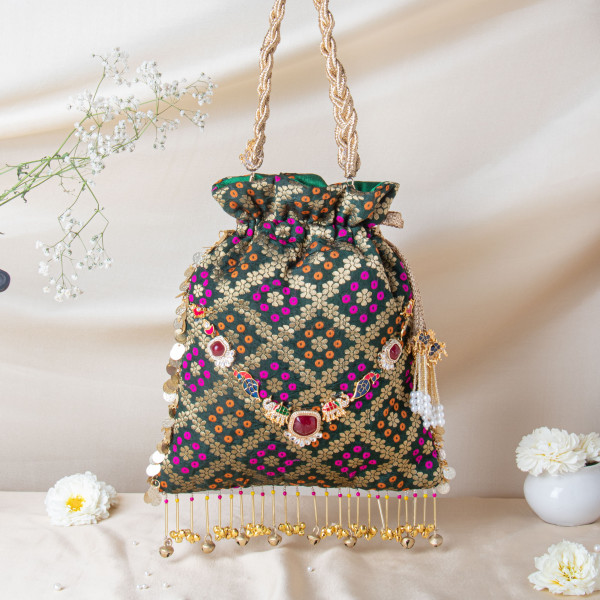 Bottle Green Banarasi Brocade Potli Bag with Meenakari Elephant Brooch & Golden Ghungree Detailing