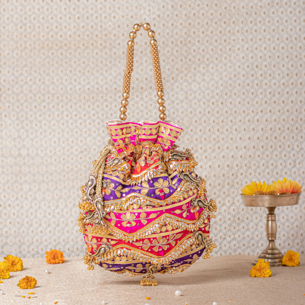 Premium Multicolor Gota Patti Potli Bag – Purple • Pink • Red