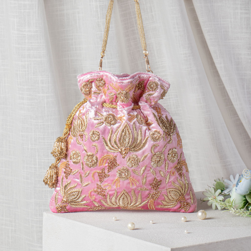 Image of Light Pink Zardozi Embroidered Velvet Lotus Potli Bag