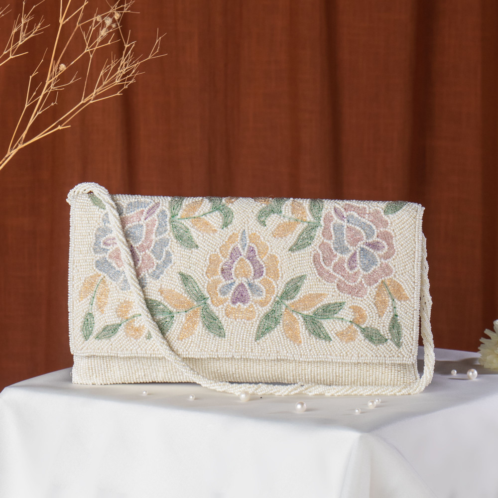 Image of Cream Embellished Evening Clutch Bag with Chain Strap