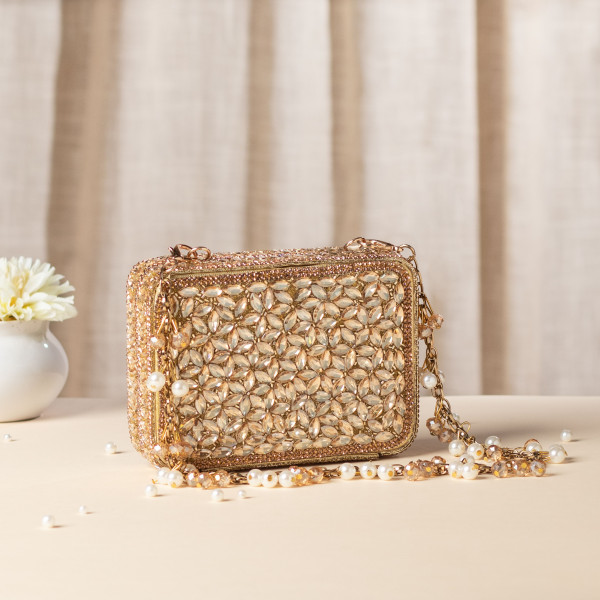 Gold Crystal Embellished Mini Evening Bag with Beaded Chain