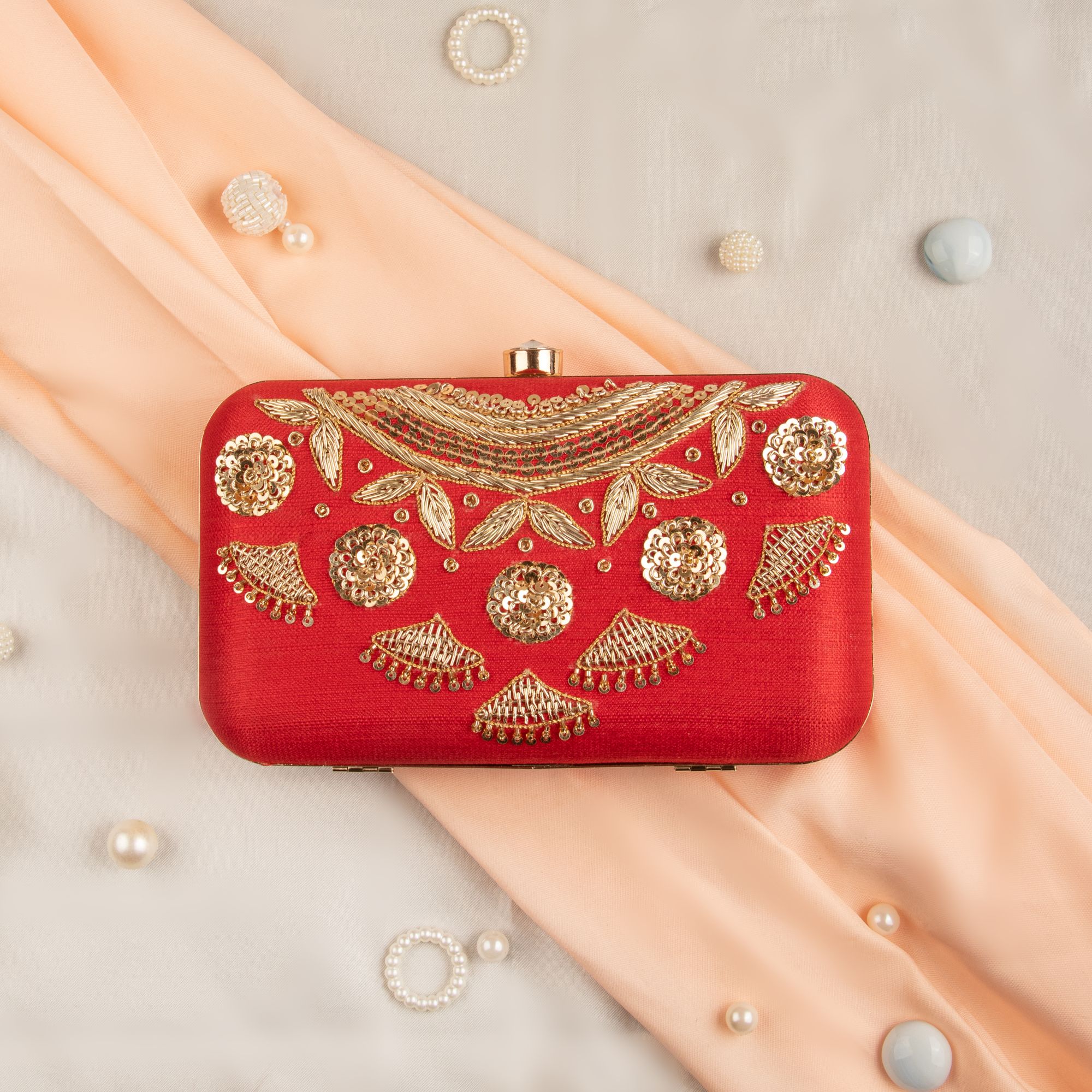 RED Zardosi Metal Box clutch Sling bag Zardosi embroidered, Bag
