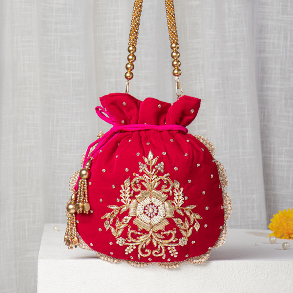 Rani Pink Velvet Potli Bag | Pearl & Zardozi Hand-Embroidered Bridal Potli