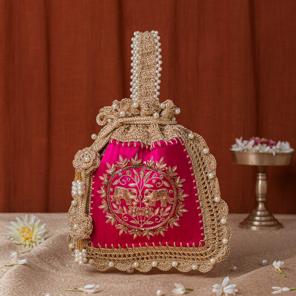 Hot Pink Silk & Crochet Elephant Embroidered Potli Bag