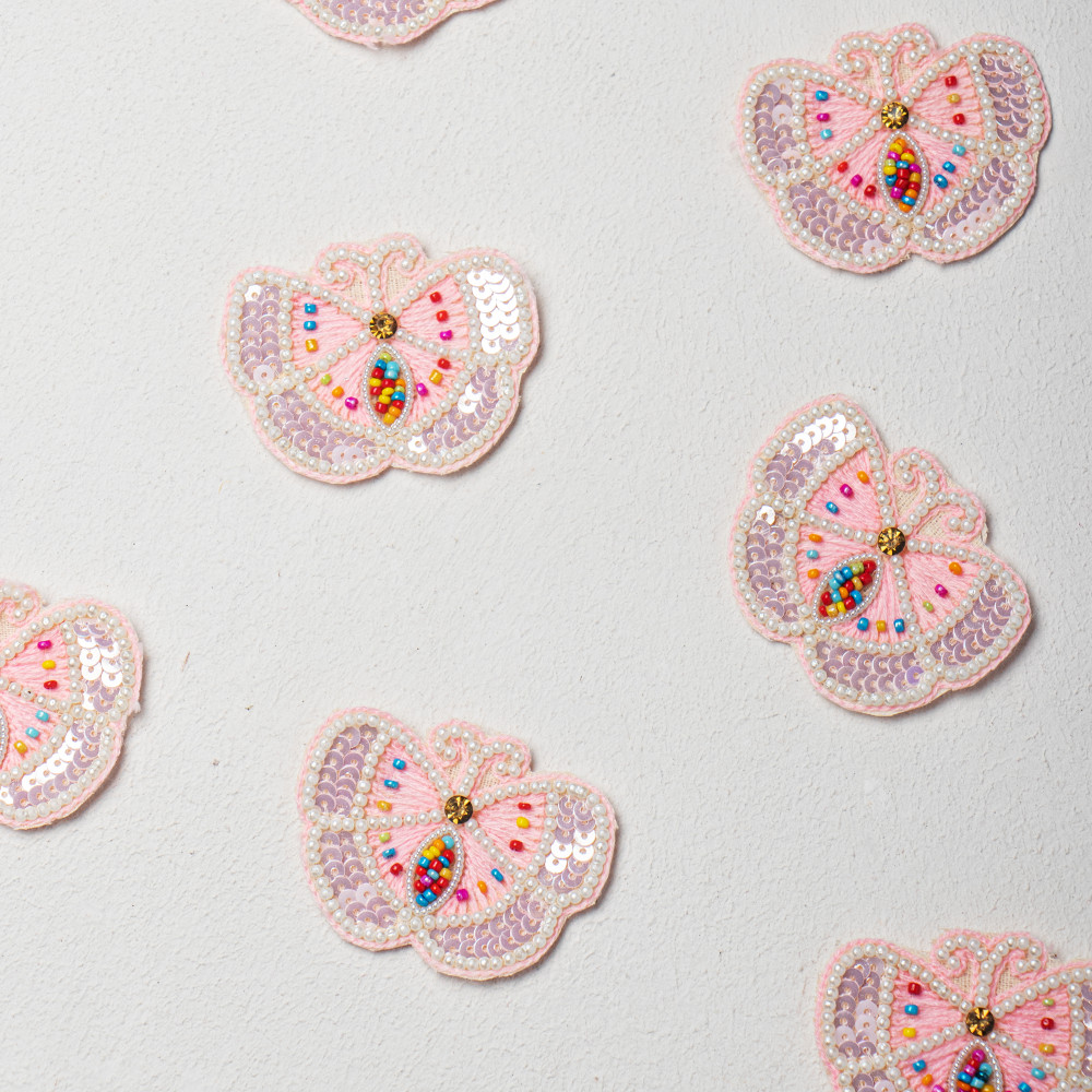Image of Handcrafted Light Pink Butterfly Embroidery Patch with Premium Threadwork, Beads &amp; Sequins – Designer DIY Craft Motif for Clothing, Kidswear, Accessories &amp; Fashion Customization(11.5 cm x 10 cm)(SET OF 10)