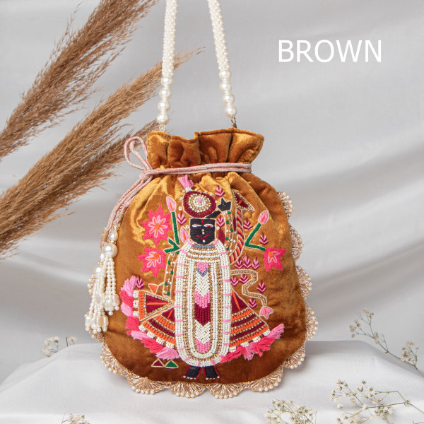 Premium Shrinath Ji Hand-Embroidered Velvet Potli Bag