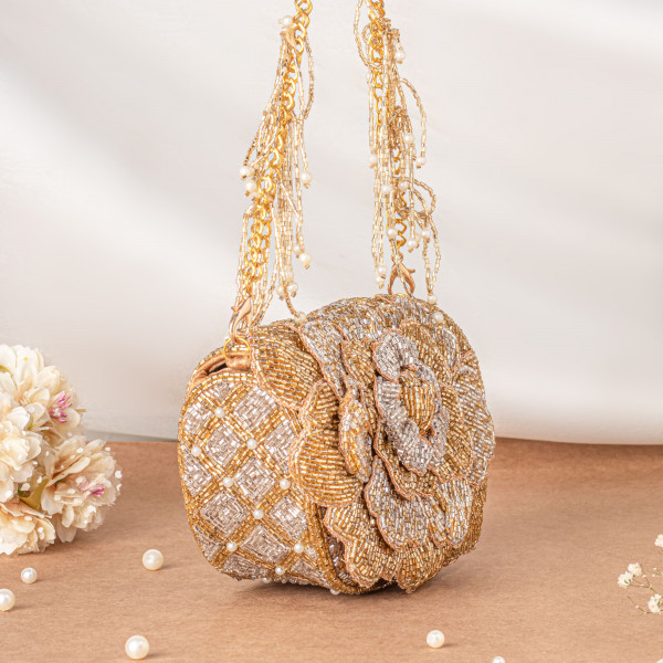 Golden Silver Handcrafted 3D Rose Cutdana & Pearl Embellished Clutch Bag
