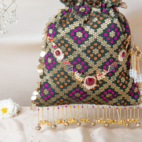 Bottle Green Banarasi Brocade Potli Bag with Meenakari Elephant Brooch & Golden Ghungree Detailing