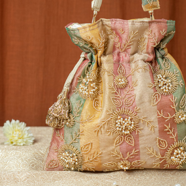 Color Blocked Pearl Tissue Potli (Multi-color)