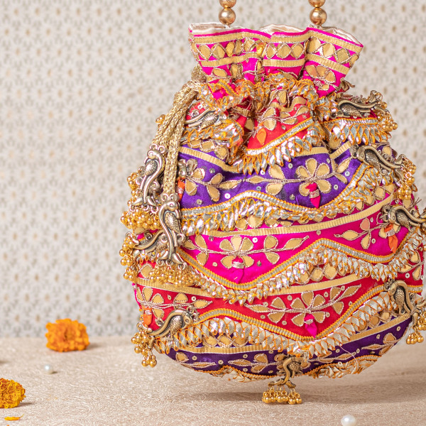 Premium Multicolor Gota Patti Potli Bag – Purple • Pink • Red