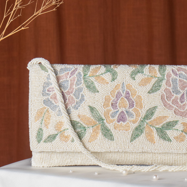 Cream Embellished Evening Clutch Bag with Chain Strap