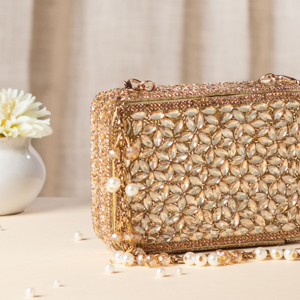 Gold Crystal Embellished Mini Evening Bag with Beaded Chain