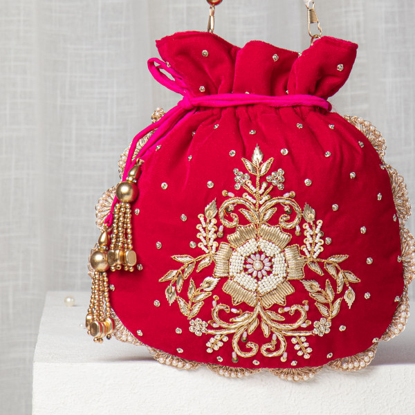 Rani Pink Velvet Potli Bag | Pearl & Zardozi Hand-Embroidered Bridal Potli