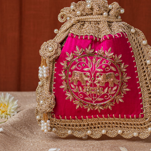 Hot Pink Silk & Crochet Elephant Embroidered Potli Bag
