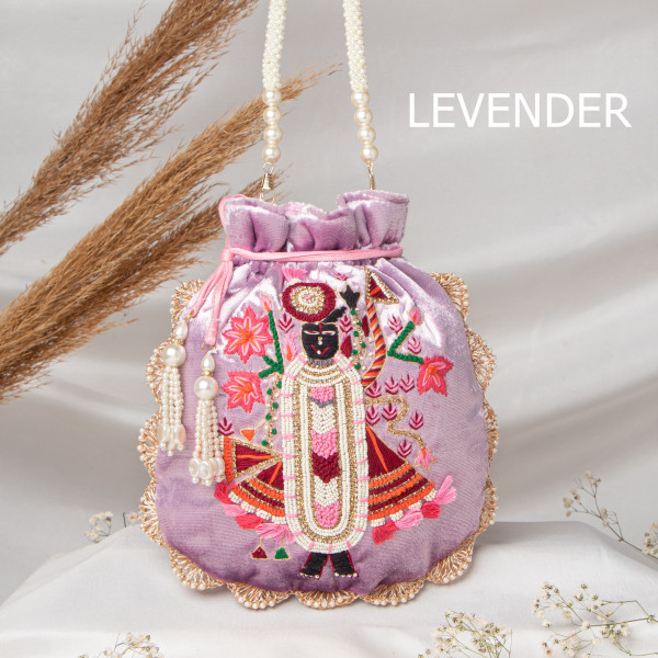 Premium Shrinath Ji Hand-Embroidered Velvet Potli Bag