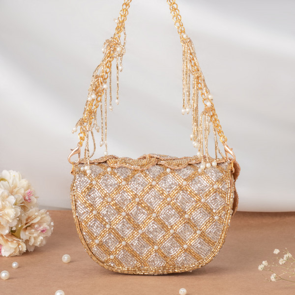 Golden Silver Handcrafted 3D Rose Cutdana & Pearl Embellished Clutch Bag