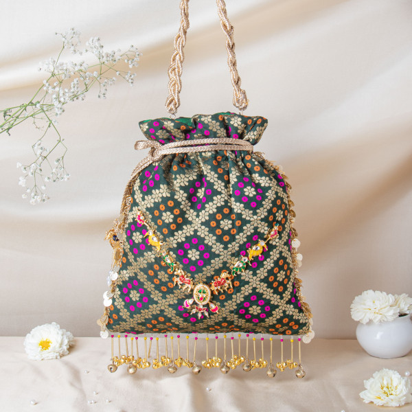 Bottle Green Banarasi Brocade Potli Bag with Meenakari Elephant Brooch & Golden Ghungree Detailing