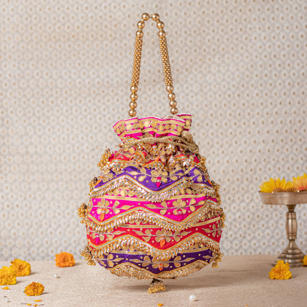 Premium Multicolor Gota Patti Potli Bag – Purple • Pink • Red