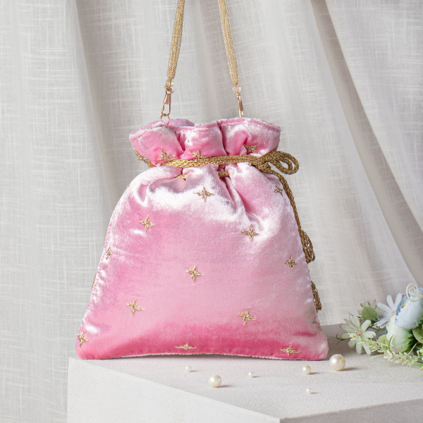 Light Pink Zardozi Embroidered Velvet Lotus Potli Bag