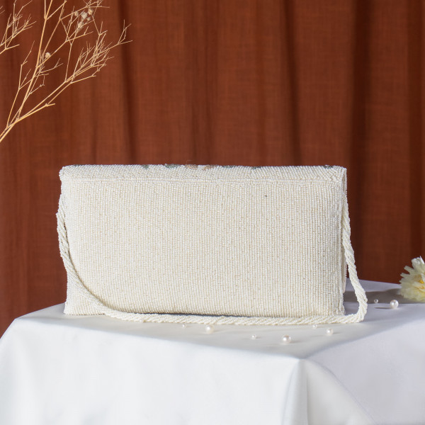 Cream Embellished Evening Clutch Bag with Chain Strap