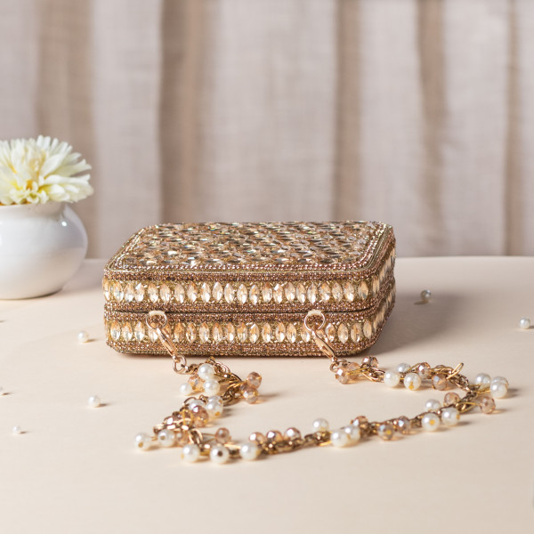 Gold Crystal Embellished Mini Evening Bag with Beaded Chain