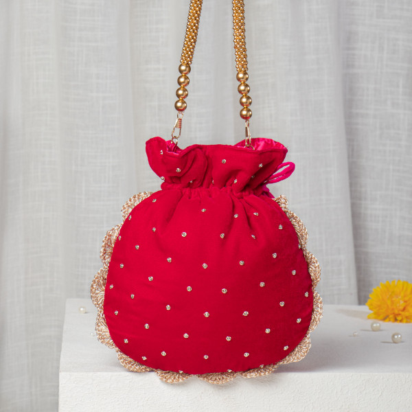 Rani Pink Velvet Potli Bag | Pearl & Zardozi Hand-Embroidered Bridal Potli