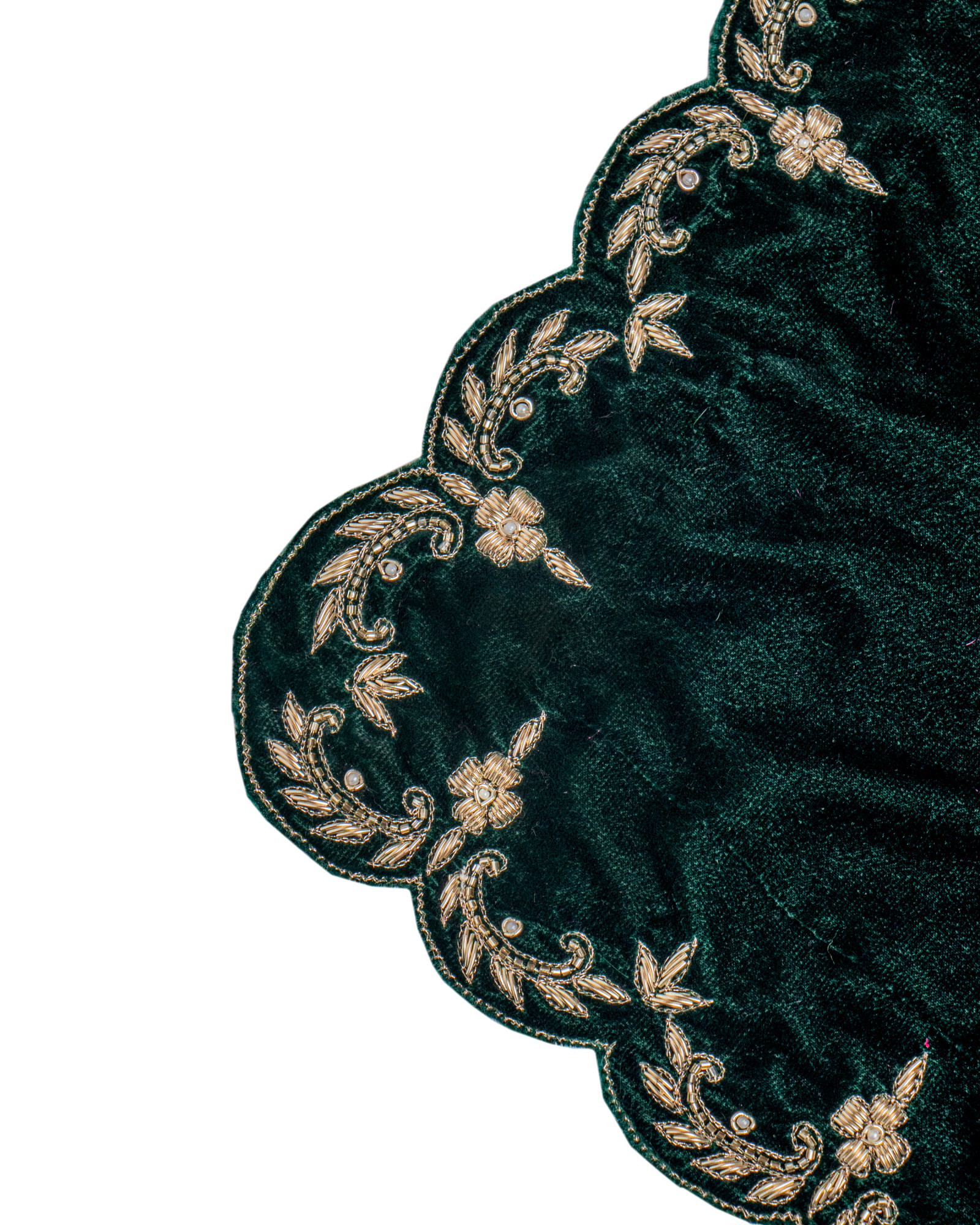 Intricate Floral Scallop Zardozi Hand Embroidery Bottle Green Velvet Shawl