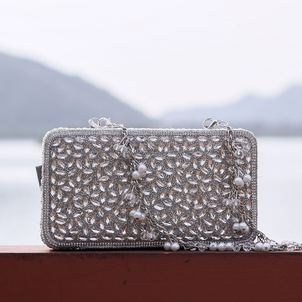 Image of Classic Silver Crystal &amp; Rhinestone Embellished Evening Clutch Bag