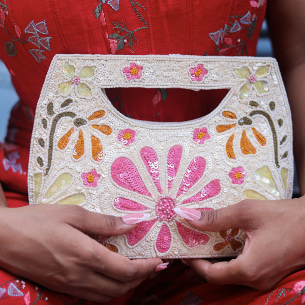 Ivory Floral Hand-Embroidered All Day Bag with Colorful Sequins & Pearls