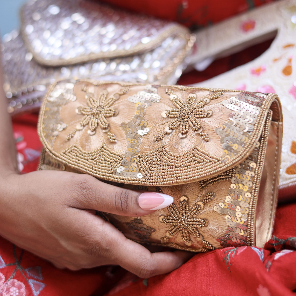 Image of Classic Gold Hand-Embroidered Evening Clutch with Pearls &amp; Sequins