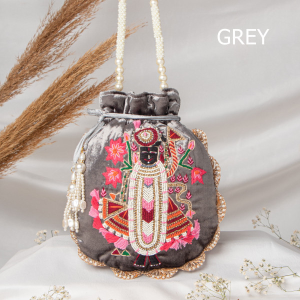 Premium Shrinath Ji Hand-Embroidered Velvet Potli Bag