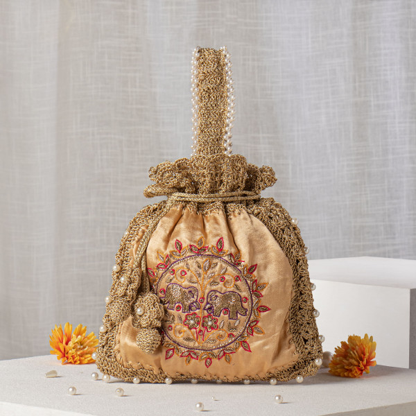 Golden Crochet Elephant Potli Bag