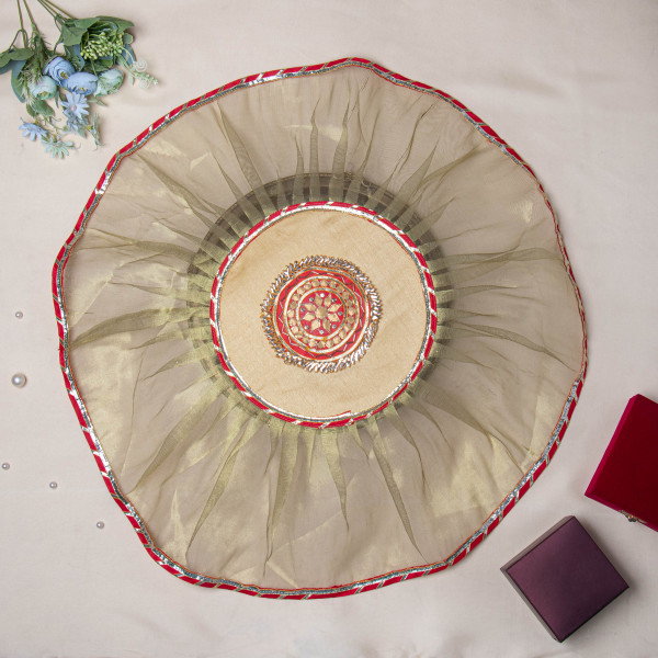 Rani Decorative Traditional Indian Gota Embellish Organza Thali Cover Pooja Thali | Handmade Aarti Thali Cover | Thaal Cover