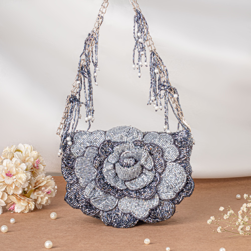 Image of Steel Grey Handcrafted 3D Rose Cutdana &amp; Pearl Embellished Clutch Bag