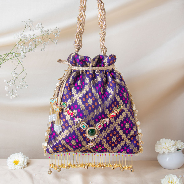 Regal Purple Banarasi Brocade Potli with Kundan-Meenakari Jewel Inlay